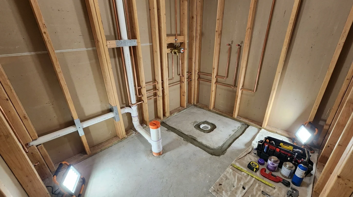 Bathroom rough-in plumbing during remodel by Johns Plumbing LLC in Dauphin Island