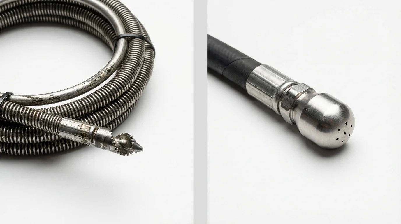 Drain snake cable and hydro jetting nozzle used for drain cleaning in Dauphin Island, AL