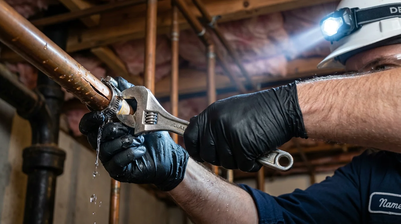 Emergency pipe clamp repair being performed by a Johns Plumbing LLC plumber in Dauphin Island