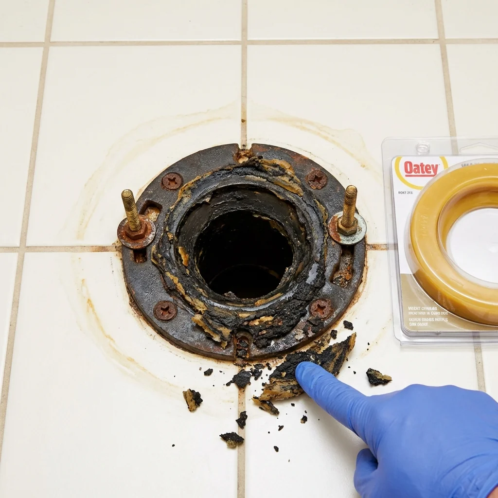 Failed wax ring showing water seepage at the base of a toilet in a Dauphin Island, AL home