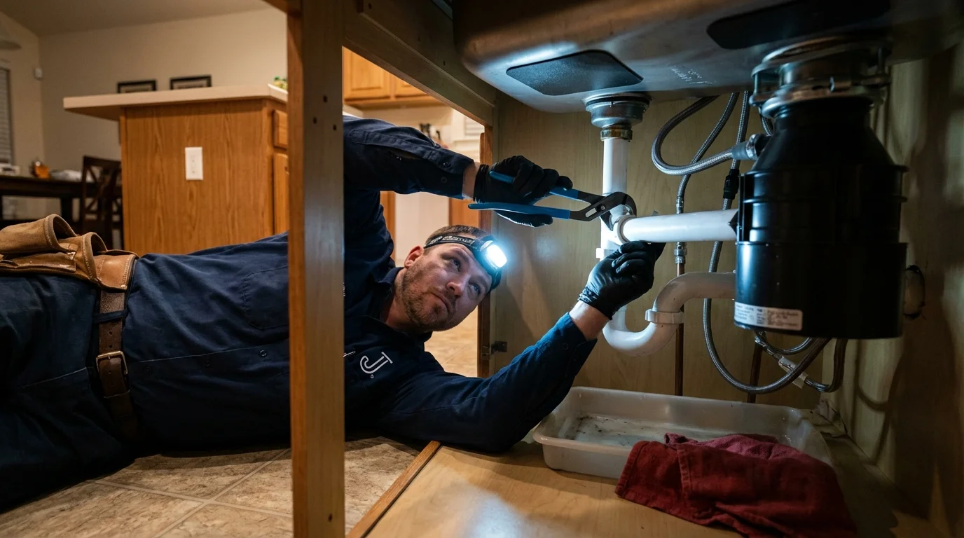 P-trap and supply line connections under a kitchen sink showing a common leak point in Dauphin Island, AL